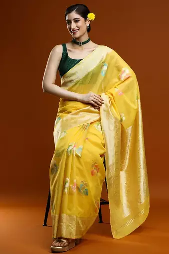 yellow ethnic motifs woven design zari cotton saree