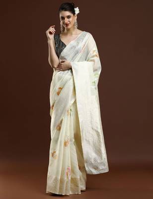 cream floral woven design zari cotton saree with blouse  1