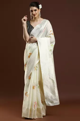 cream floral woven design zari cotton saree with blouse 