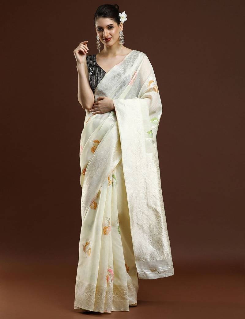 cream floral woven design zari cotton saree with blouse 