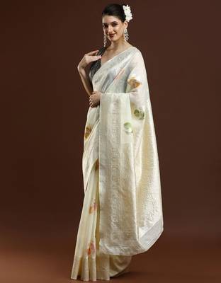 cream floral woven design zari cotton saree with blouse  2