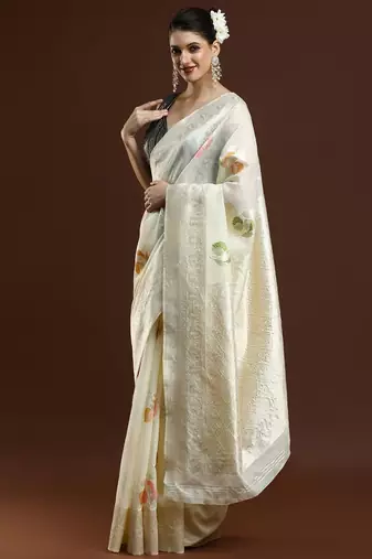 cream floral woven design zari cotton saree with blouse 