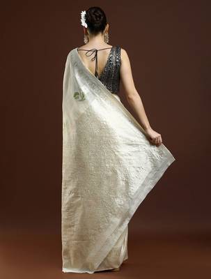 cream floral woven design zari cotton saree with blouse  3