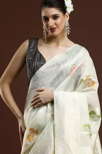 cream floral woven design zari cotton saree with blouse 