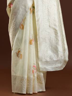 cream floral woven design zari cotton saree with blouse  5