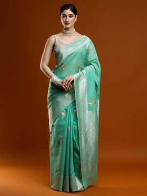 green woven design zari Cotton saree with blouse 1