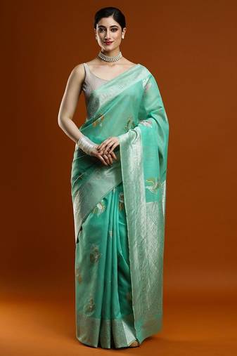 green woven design zari Cotton saree with blouse