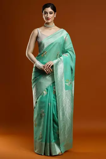 green woven design zari Cotton saree with blouse