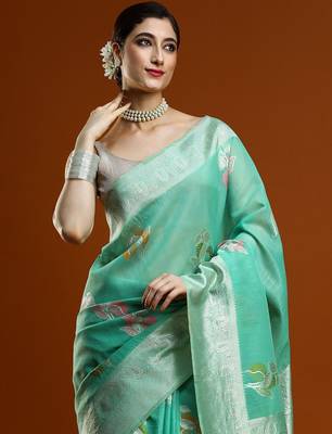 green woven design zari Cotton saree with blouse 2