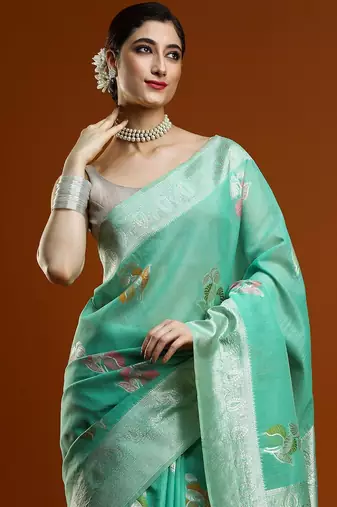 green woven design zari Cotton saree with blouse
