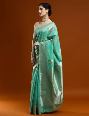 green woven design zari Cotton saree with blouse 3