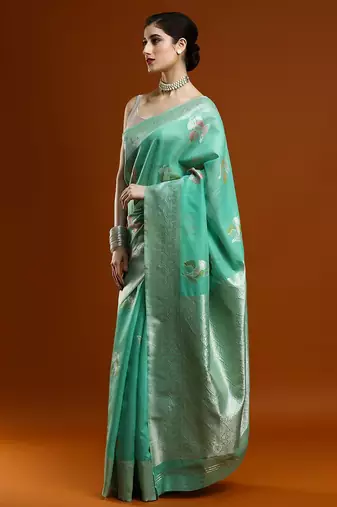 green woven design zari Cotton saree with blouse