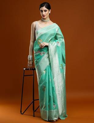 green woven design zari Cotton saree with blouse 5