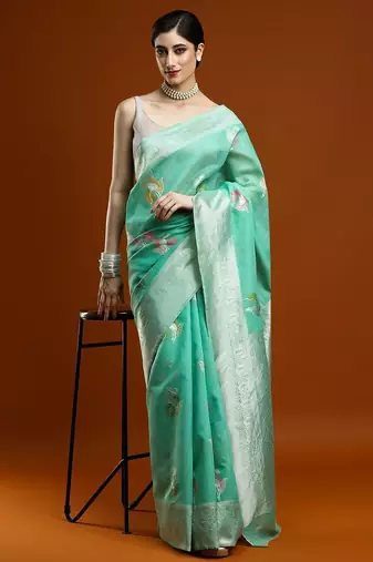 green woven design zari Cotton saree with blouse