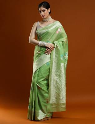 green ethnic motifs embroidered zari embroidered cotton saree 1