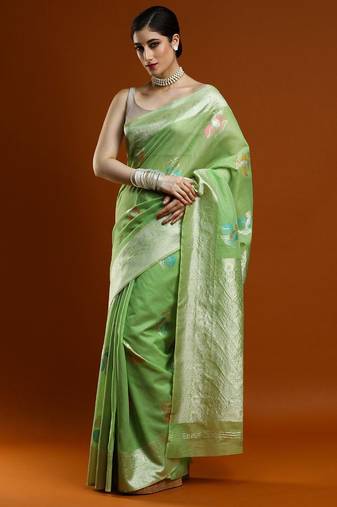 green ethnic motifs embroidered zari embroidered cotton saree