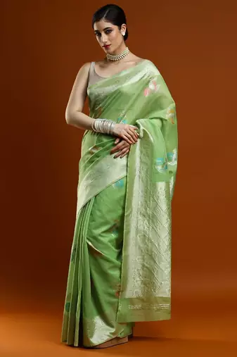 green ethnic motifs embroidered zari embroidered cotton saree