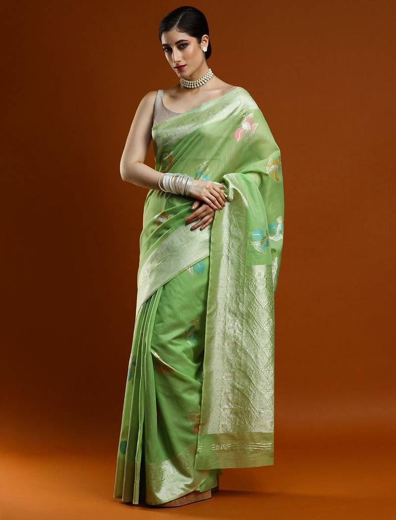 green ethnic motifs embroidered zari embroidered cotton saree