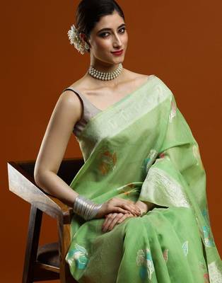 green ethnic motifs embroidered zari embroidered cotton saree 2