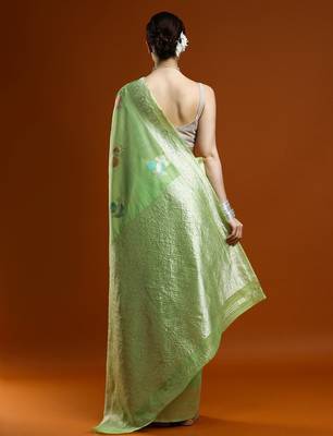 green ethnic motifs embroidered zari embroidered cotton saree 3