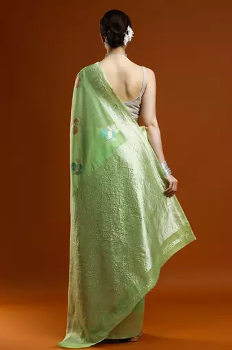 green ethnic motifs embroidered zari embroidered cotton saree