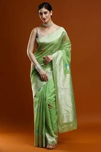 green ethnic motifs embroidered zari embroidered cotton saree