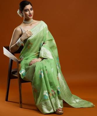 green ethnic motifs embroidered zari embroidered cotton saree 5