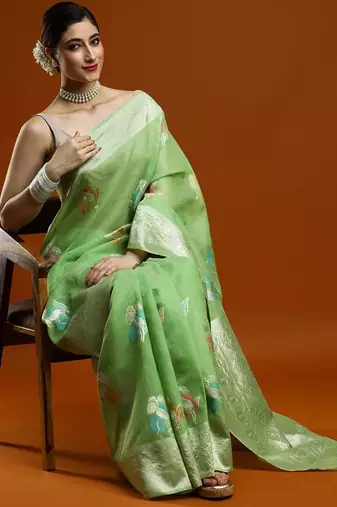 green ethnic motifs embroidered zari embroidered cotton saree