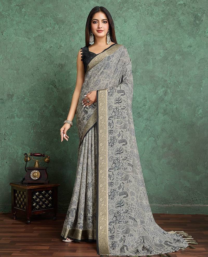 black floral with woven design pure crepe saree