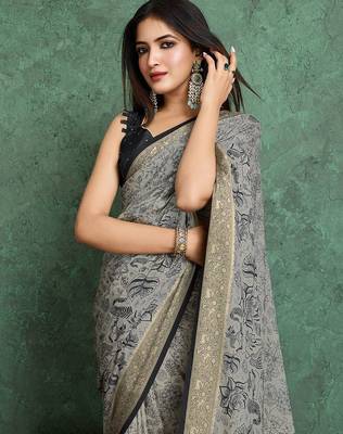 black floral with woven design pure crepe saree 5