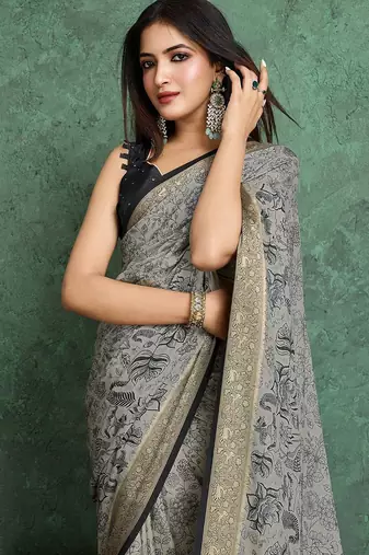 black floral with woven design pure crepe saree