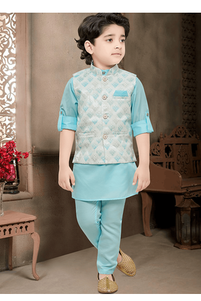 boys kurta pajama set with geometric jacquard printed jacket 1