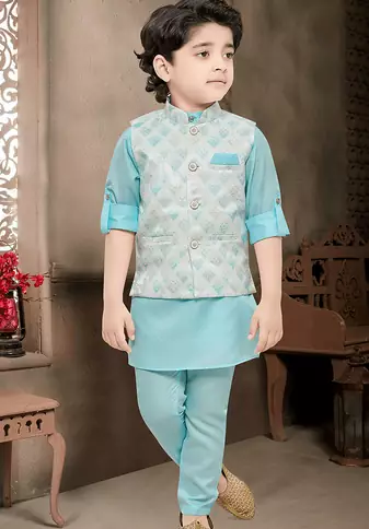 boys kurta pajama set with geometric jacquard printed jacket