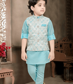 boys kurta pajama set with geometric jacquard printed jacket