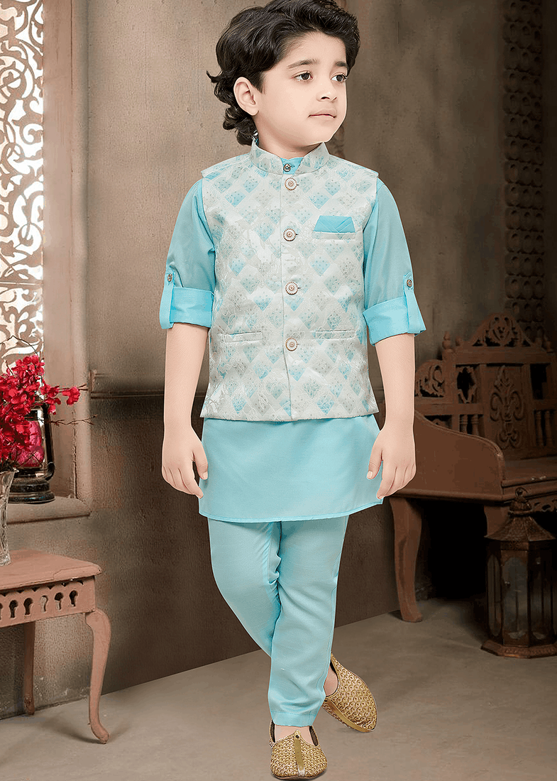 boys kurta pajama set with geometric jacquard printed jacket