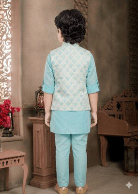 boys kurta pajama set with geometric jacquard printed jacket 2