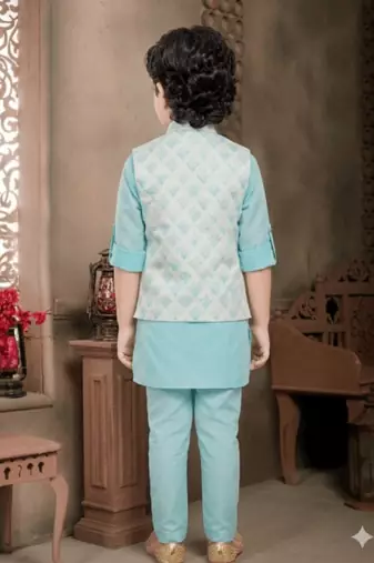 boys kurta pajama set with geometric jacquard printed jacket