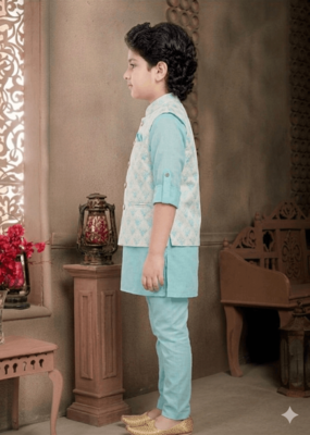 boys kurta pajama set with geometric jacquard printed jacket 3