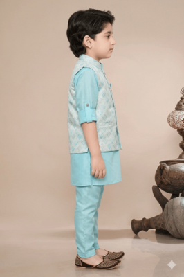 boys kurta pajama set with geometric jacquard printed jacket 4