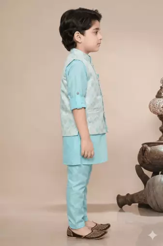 boys kurta pajama set with geometric jacquard printed jacket