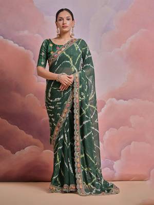 green tie and dye sequinned embroidered saree 1