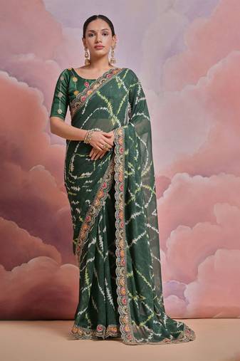 green tie and dye sequinned embroidered saree