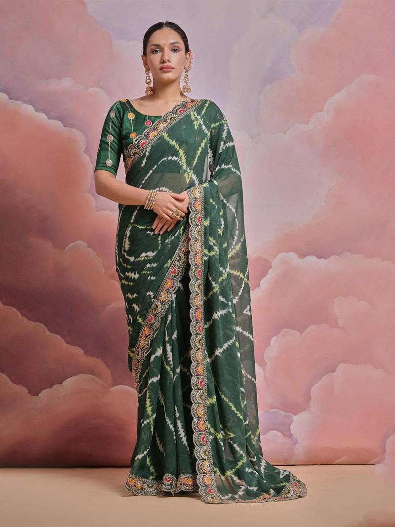 green tie and dye sequinned embroidered saree