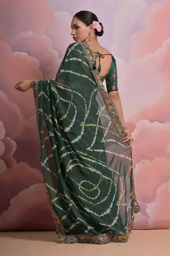 green tie and dye sequinned embroidered saree