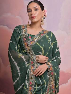 green tie and dye sequinned embroidered saree 4