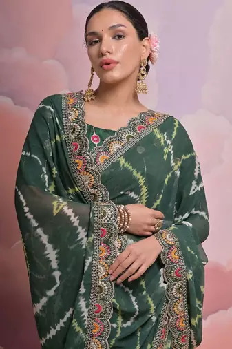 green tie and dye sequinned embroidered saree