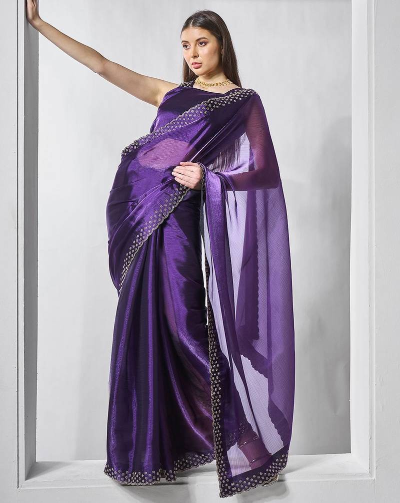 purple embellished beads and stones organza saree