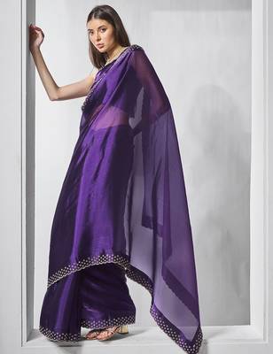 purple embellished beads and stones organza saree 2