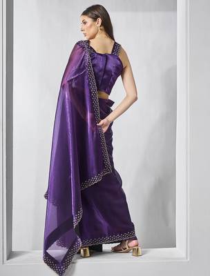 purple embellished beads and stones organza saree 3