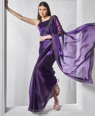 purple embellished beads and stones organza saree 4